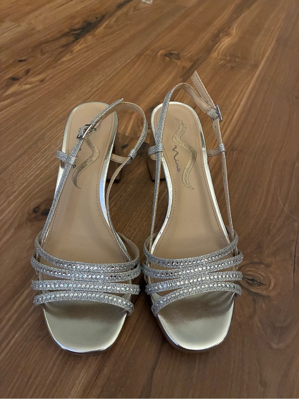 Nina Blanche Silver Strappy Slingback Heels
